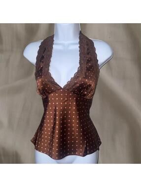 Brown & Pink Polka Dot Satin Halter Top | Y2K Coquette Lace Trim | Size Medium